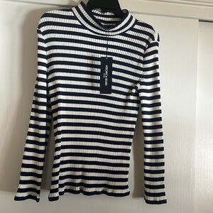 Veronica Beard striped cotton and spandex mock T Shirt.  Navy and cream striped.